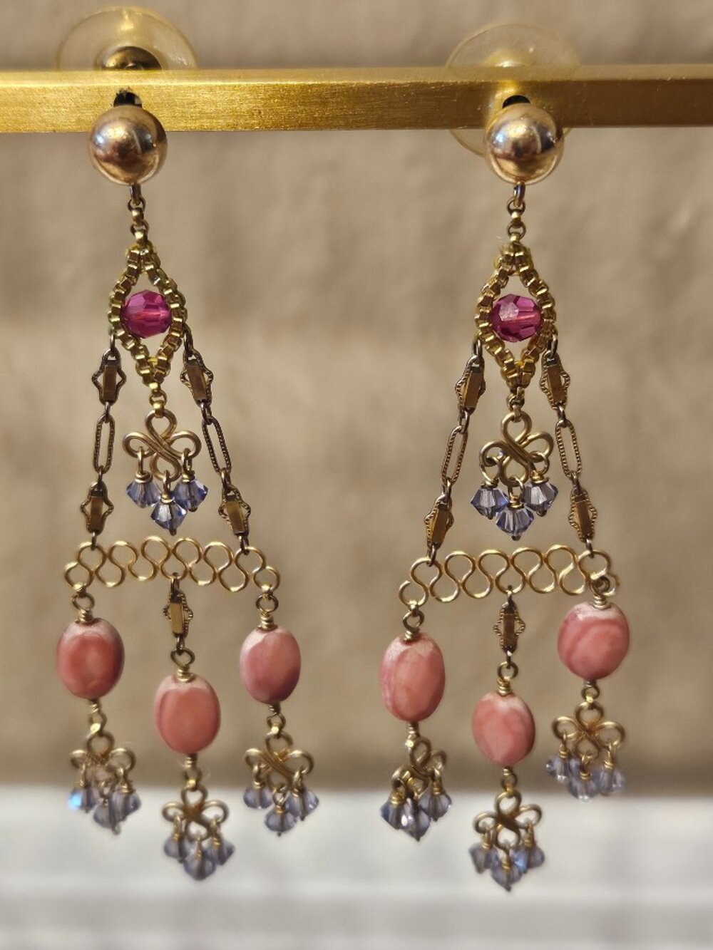 RARE BOHEMIAN MIGUEL ASES PINK QUARTZ AMETHYST FLOWER CHANDELIER DROP EARRINGS